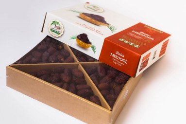 Close-up of an opened package from Palm Hills Dates