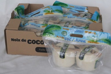 Fresh coconuts from Ant Farm, packed ready for sale