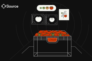 Illustration of a box filled with red tomatoes, surrounded by digital elements such as graphical displays of tomato shapes, ripeness stages, and leaves.