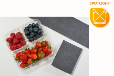 A packaging tray from Elliot Absorbant Products filled with strawberries, raspberries and blueberries