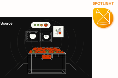 Schematic illustration of the Source AI and a box of tomatoes for predicting crop yields