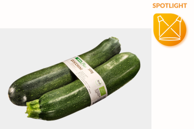 Two zucchinis are held together by an adhesive-free band from ATS-Tanner