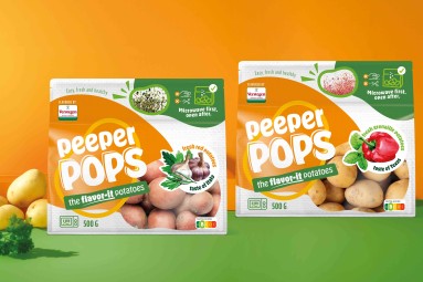 Verpackungen von 'Peeper Pops' - aromatisierte Kartoffelprodukte in zwei Varianten: frische rote Kartoffeln mit 'Taste of Italy' und frische Grenaille-Kartoffeln mit 'Taste of Texas'.